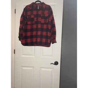 Leo And Nicole Buffalo Plaid Flannel Button Down Shacket Large Black Red